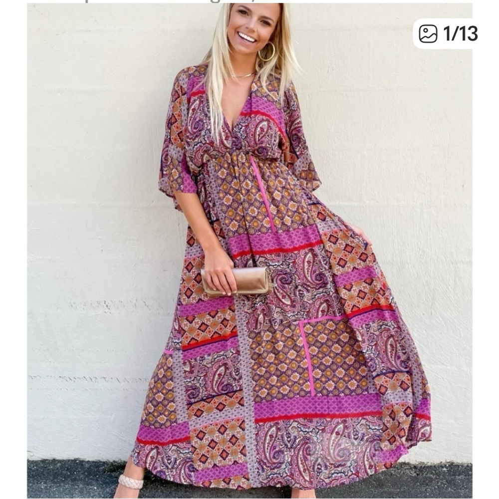 Entro Women's Pink Print Boho Paisley Maxi Dress Size Medium